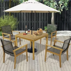 Tangkula Patio Dining Chairs Set of 4, Outdoor Acacia Wood & PE Wicker Chairs with Armrests
