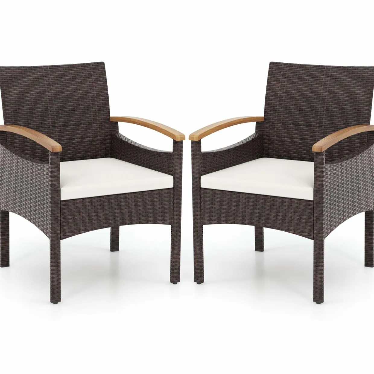 Tangkula Patio Dining Chairs Set, Outdoor Rattan Cushioned Chairs with Acacia Wood Armrest