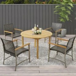 Tangkula Patio Dining Chairs Set of 4, Outdoor PE Wicker & Heavy-Duty Metal Chairs with Acacia Wood Armrests