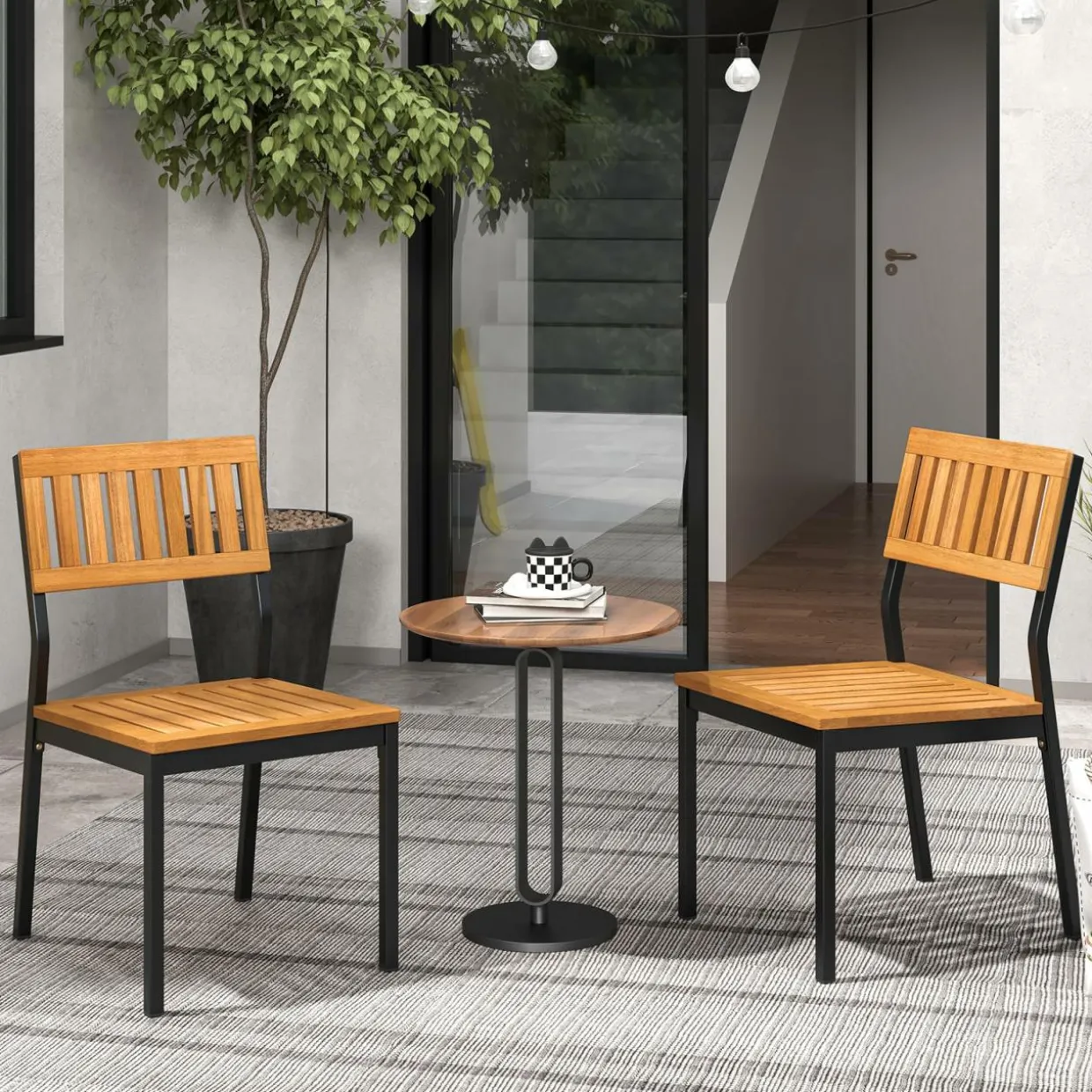 Tangkula Patio Dining Chair Set of 2/4, Outdoor Armless Chairs w/Metal and Acacia Wood Frame