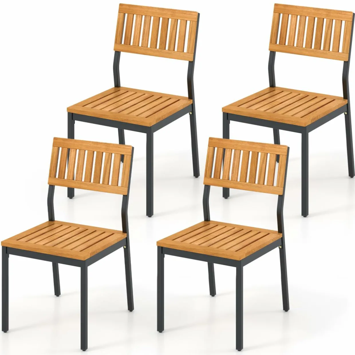 Tangkula Patio Dining Chair Set of 2/4, Outdoor Armless Chairs w/Metal and Acacia Wood Frame