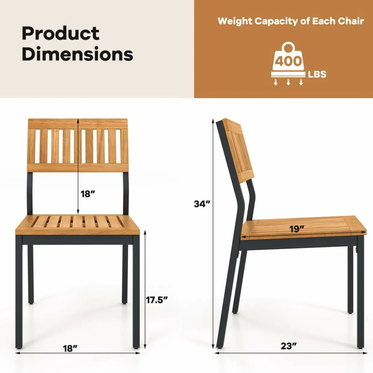 Tangkula Patio Dining Chair Set of 2/4, Outdoor Armless Chairs w/Metal and Acacia Wood Frame