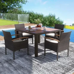 Tangkula Patio Dining Chairs Set, Outdoor Rattan Cushioned Chairs with Acacia Wood Armrest