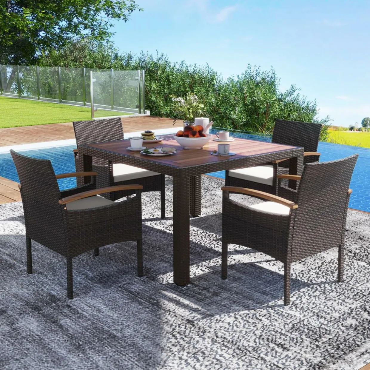Tangkula Patio Dining Chairs Set, Outdoor Rattan Cushioned Chairs with Acacia Wood Armrest