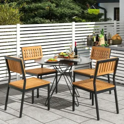 Tangkula Patio Dining Chair Set of 2/4, Outdoor Armless Chairs w/Metal and Acacia Wood Frame
