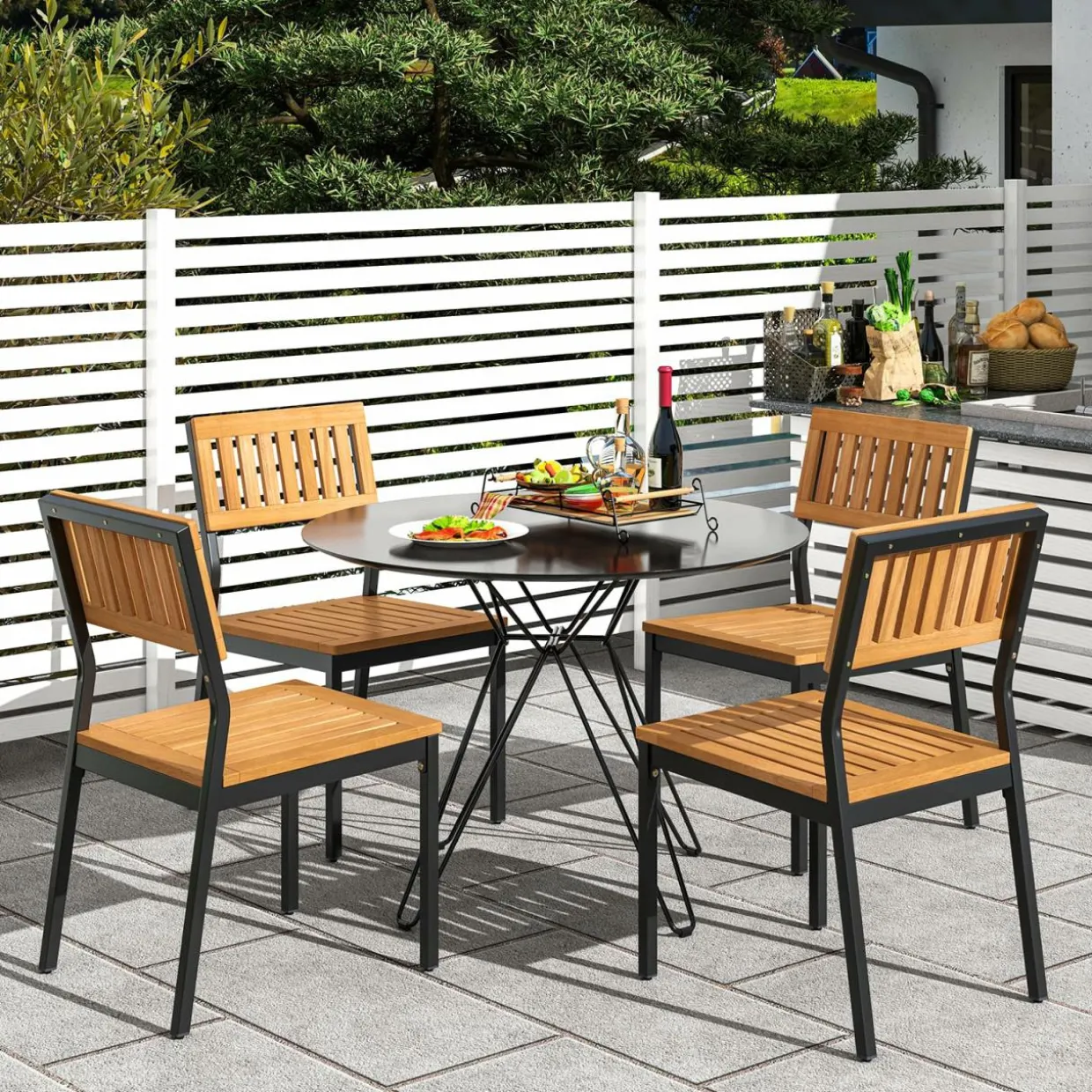 Tangkula Patio Dining Chair Set of 2/4, Outdoor Armless Chairs w/Metal and Acacia Wood Frame