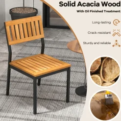 Tangkula Patio Dining Chair Set of 2/4, Outdoor Armless Chairs w/Metal and Acacia Wood Frame