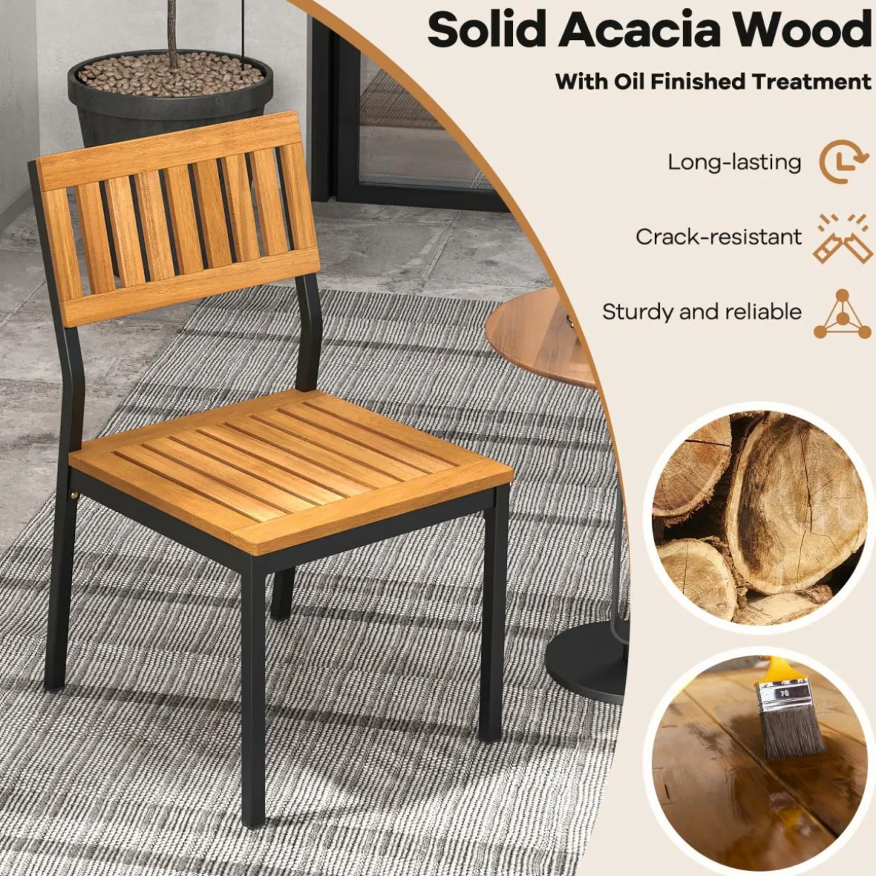 Tangkula Patio Dining Chair Set of 2/4, Outdoor Armless Chairs w/Metal and Acacia Wood Frame