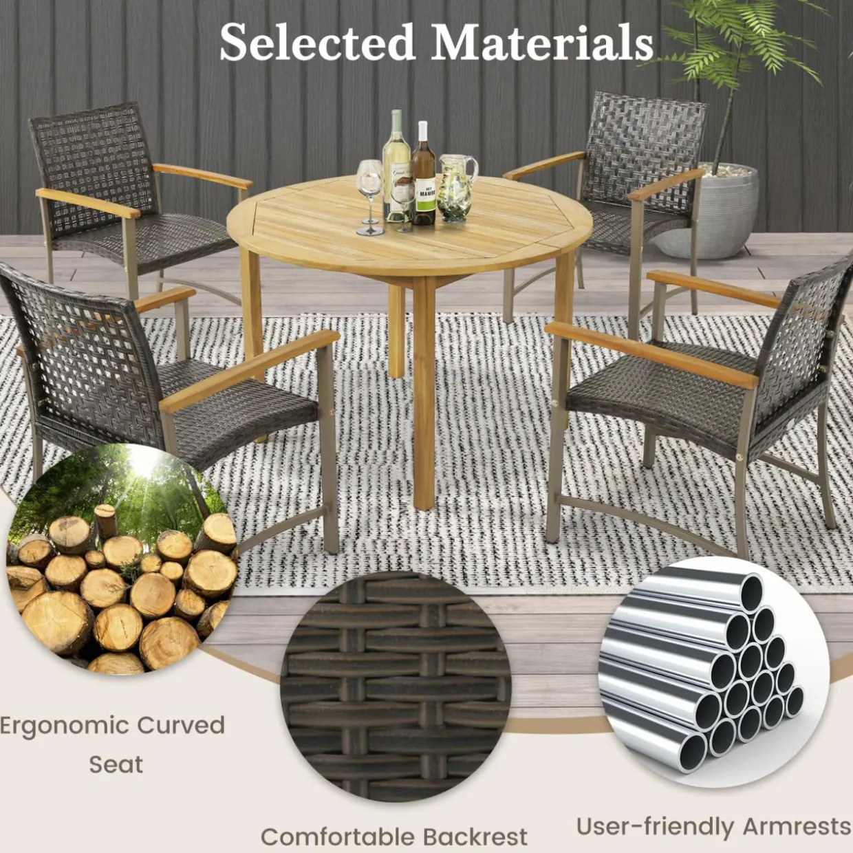 Tangkula Patio Dining Chairs Set of 4, Outdoor PE Wicker & Heavy-Duty Metal Chairs with Acacia Wood Armrests