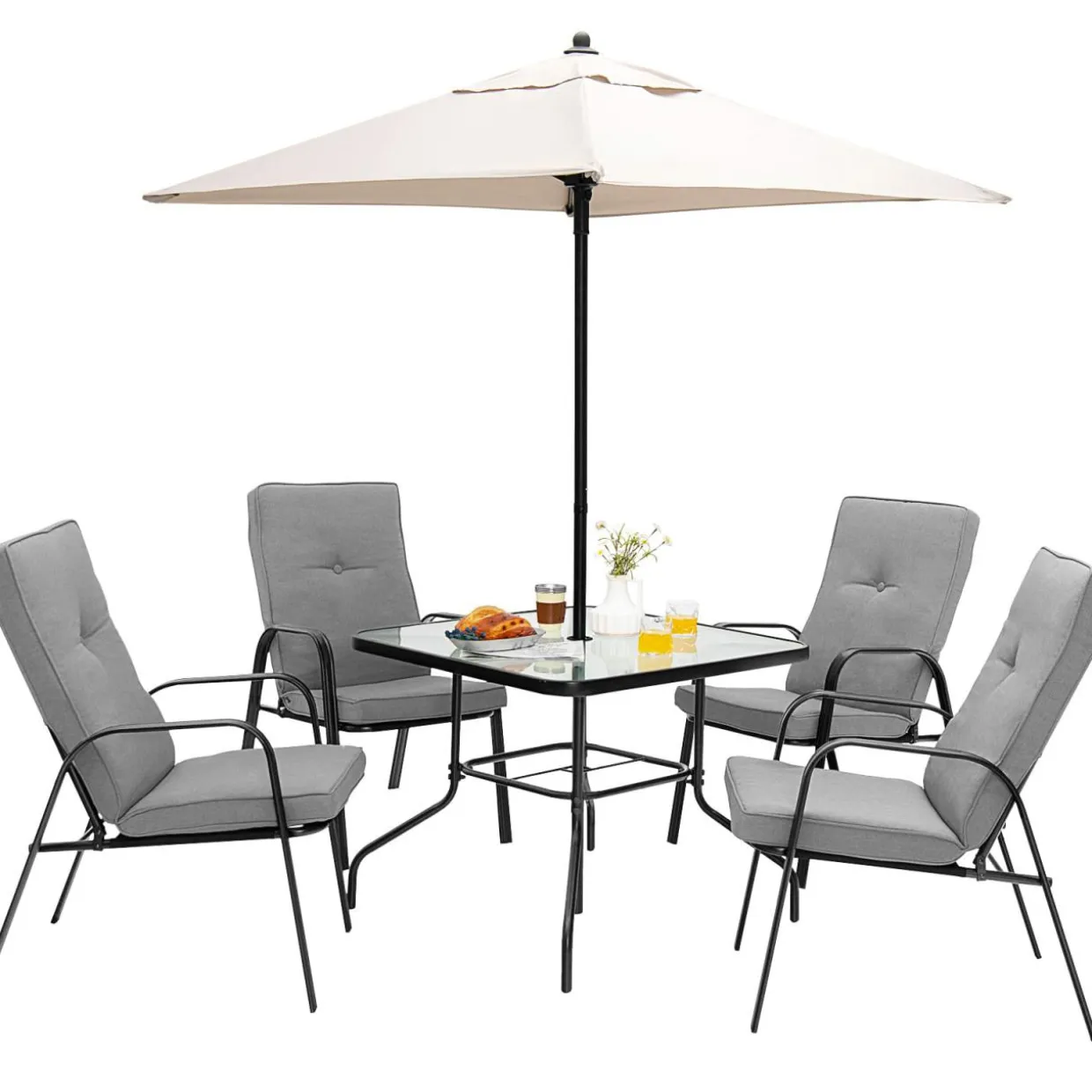 Tangkula Patio Dining Chair Set of 4, 4-Piece Stackable Upholstered Leisure Chair with Armrests