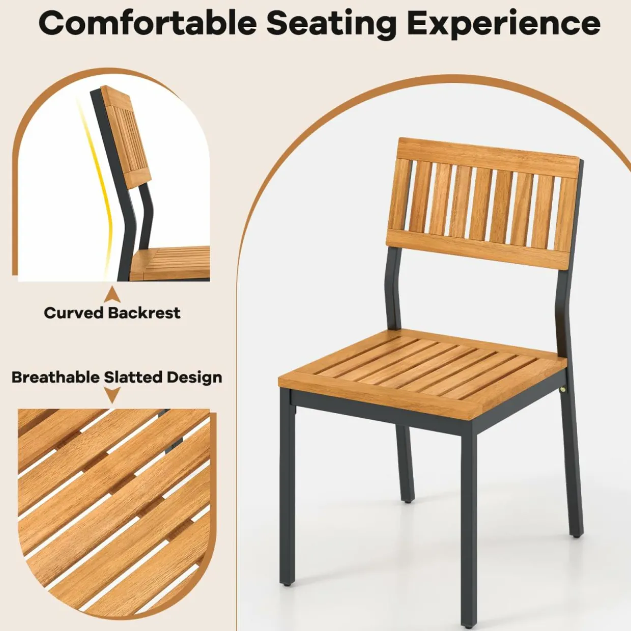 Tangkula Patio Dining Chair Set of 2/4, Outdoor Armless Chairs w/Metal and Acacia Wood Frame