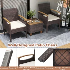 Tangkula Patio Dining Chairs Set, Outdoor Rattan Cushioned Chairs with Acacia Wood Armrest