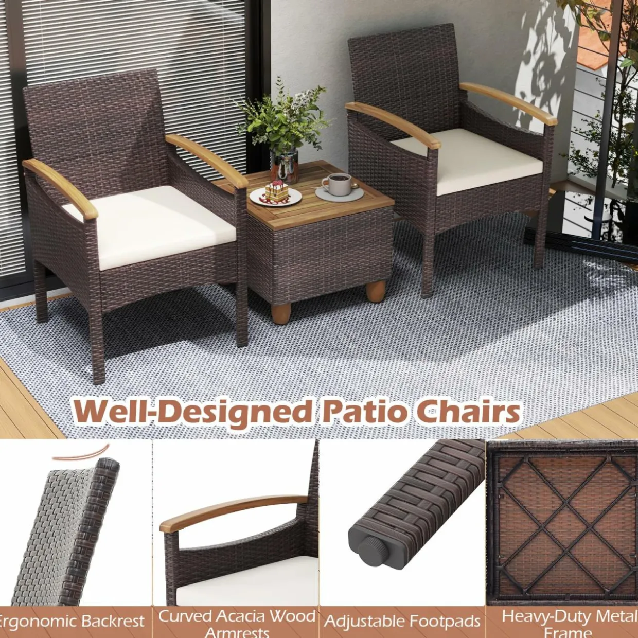 Tangkula Patio Dining Chairs Set, Outdoor Rattan Cushioned Chairs with Acacia Wood Armrest