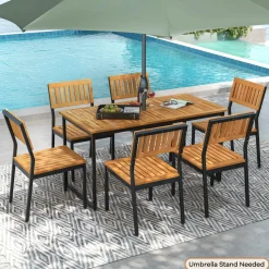 Tangkula Patio Dining Chair Set of 2/4, Outdoor Armless Chairs w/Metal and Acacia Wood Frame