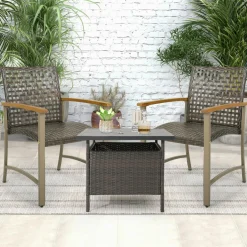 Tangkula Patio Dining Chairs Set of 4, Outdoor PE Wicker & Heavy-Duty Metal Chairs with Acacia Wood Armrests