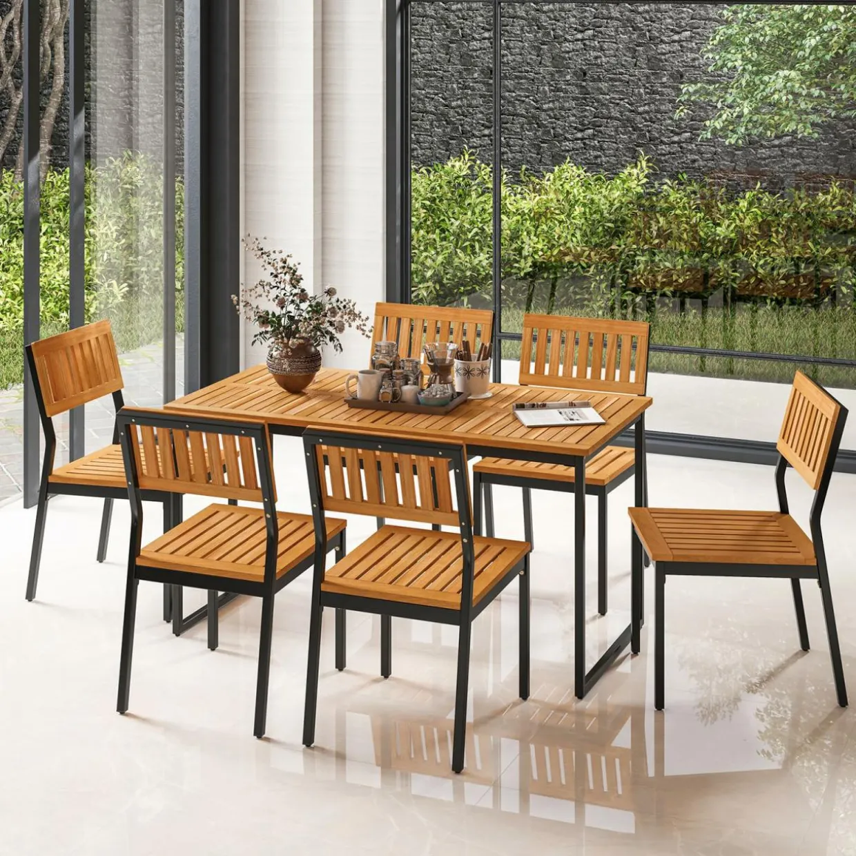 Tangkula Patio Dining Chair Set of 2/4, Outdoor Armless Chairs w/Metal and Acacia Wood Frame