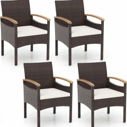 Tangkula Patio Dining Chairs Set, Outdoor Rattan Cushioned Chairs with Acacia Wood Armrest