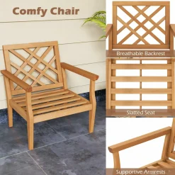 Tangkula Patio Dinning Chair, Teak Wood Armchair with Cozy Backrest and Armrests