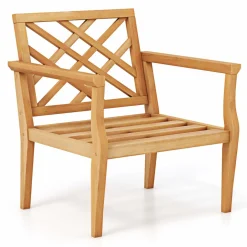 Tangkula Patio Dinning Chair, Teak Wood Armchair with Cozy Backrest and Armrests