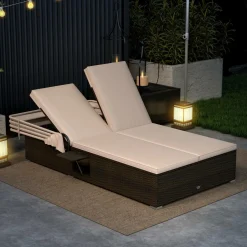 Tangkula Patio Double Chaise Lounge with Shade, Patiojoy 6-Level Adjustable Wicker Recliner Bed