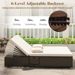 Tangkula Patio Double Chaise Lounge, Patiojoy 6 Position Adjustable Wicker Recliner Bed