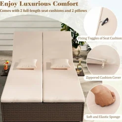 Tangkula Patio Double Chaise Lounge, Patiojoy 6 Position Adjustable Wicker Recliner Bed