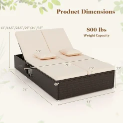 Tangkula Patio Double Chaise Lounge, Patiojoy 6 Position Adjustable Wicker Recliner Bed