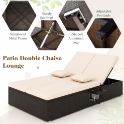 Tangkula Patio Double Chaise Lounge, Patiojoy 6 Position Adjustable Wicker Recliner Bed
