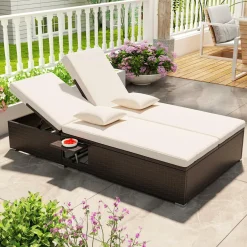 Tangkula Patio Double Chaise Lounge, Patiojoy 6 Position Adjustable Wicker Recliner Bed