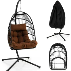 Tangkula Patio Egg Chair with Stand, Hanging Egg Swing Chair with Waterproof Cover, Removable Pillow