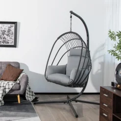Tangkula Patio Egg Chair with Stand, Hanging Egg Swing Chair with Removable Pillow & Cushion