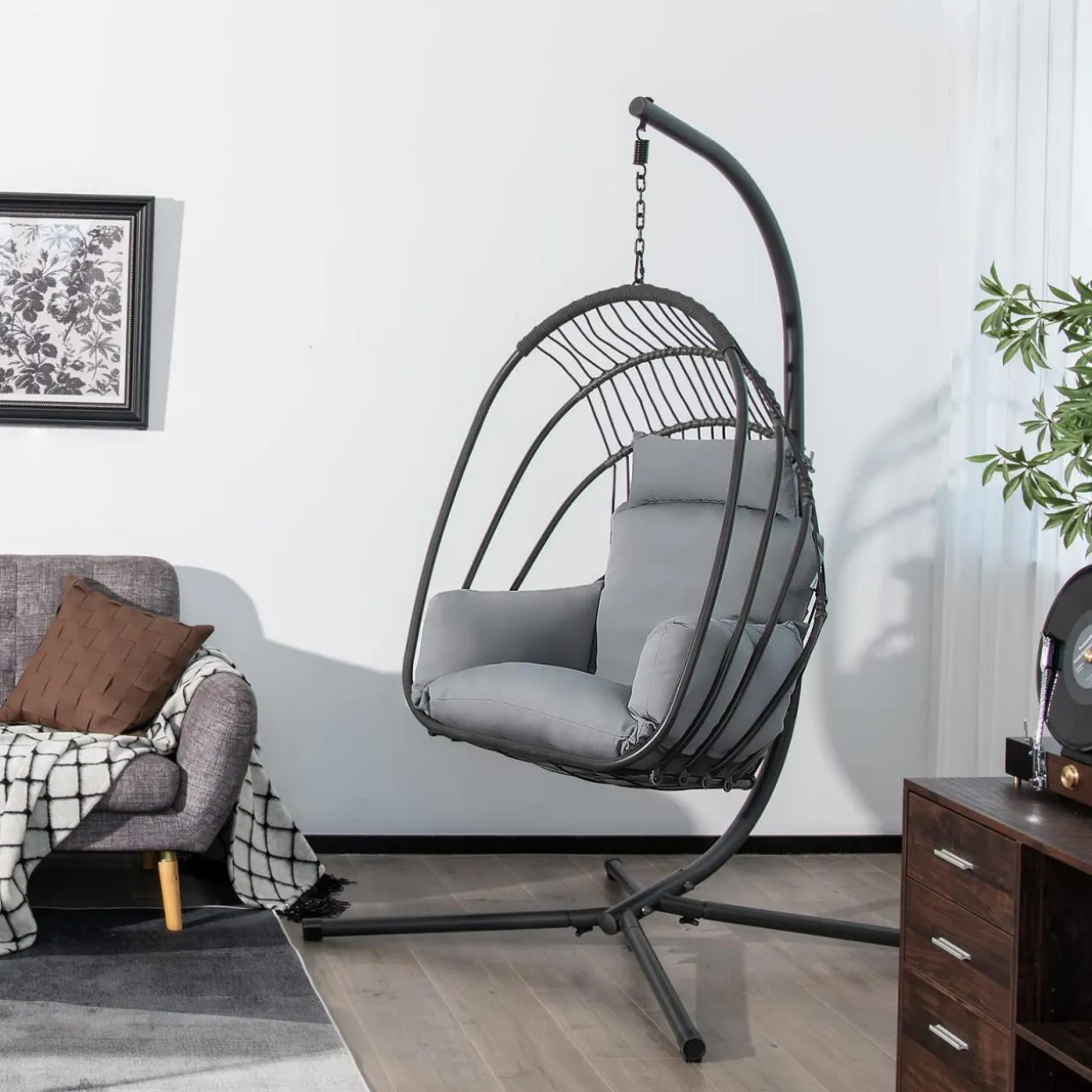 Tangkula Patio Egg Chair with Stand, Hanging Egg Swing Chair with Removable Pillow & Cushion