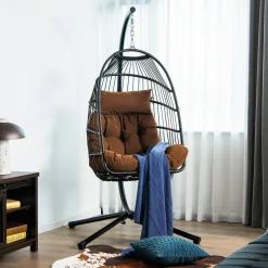 Tangkula Patio Egg Chair with Stand, Hanging Egg Swing Chair with Waterproof Cover, Removable Pillow