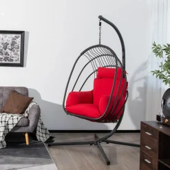 Tangkula Patio Egg Chair with Stand, Hanging Egg Swing Chair with Removable Pillow & Cushion
