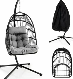 Tangkula Patio Egg Chair with Stand, Hanging Egg Swing Chair with Waterproof Cover, Removable Pillow