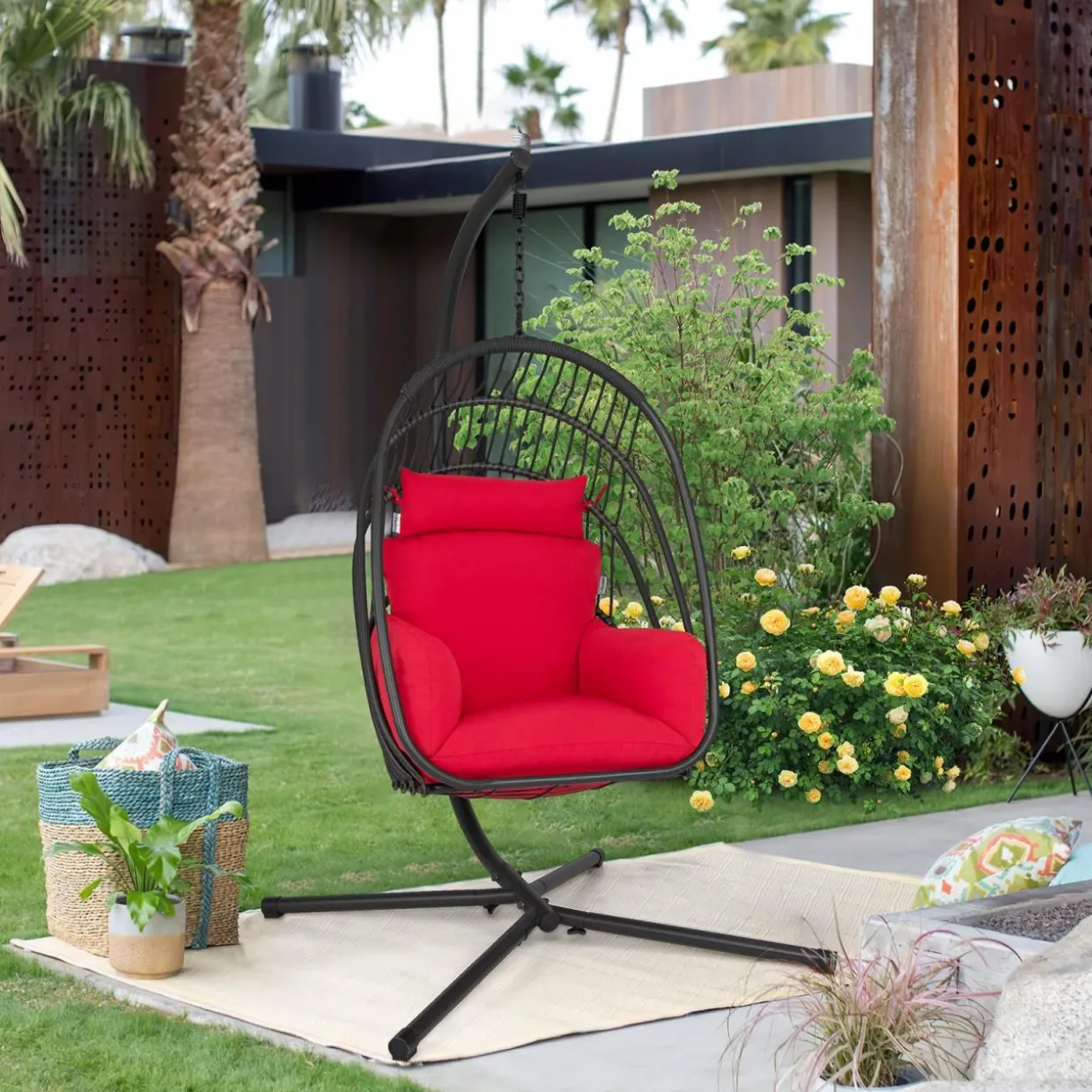 Tangkula Patio Egg Chair with Stand, Hanging Egg Swing Chair with Removable Pillow & Cushion