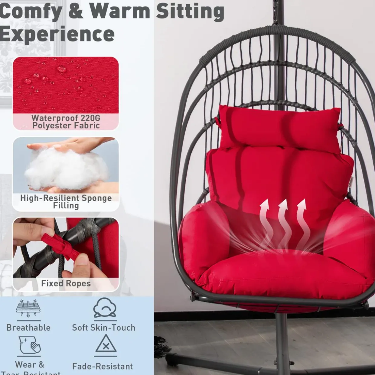 Tangkula Patio Egg Chair with Stand, Hanging Egg Swing Chair with Removable Pillow & Cushion