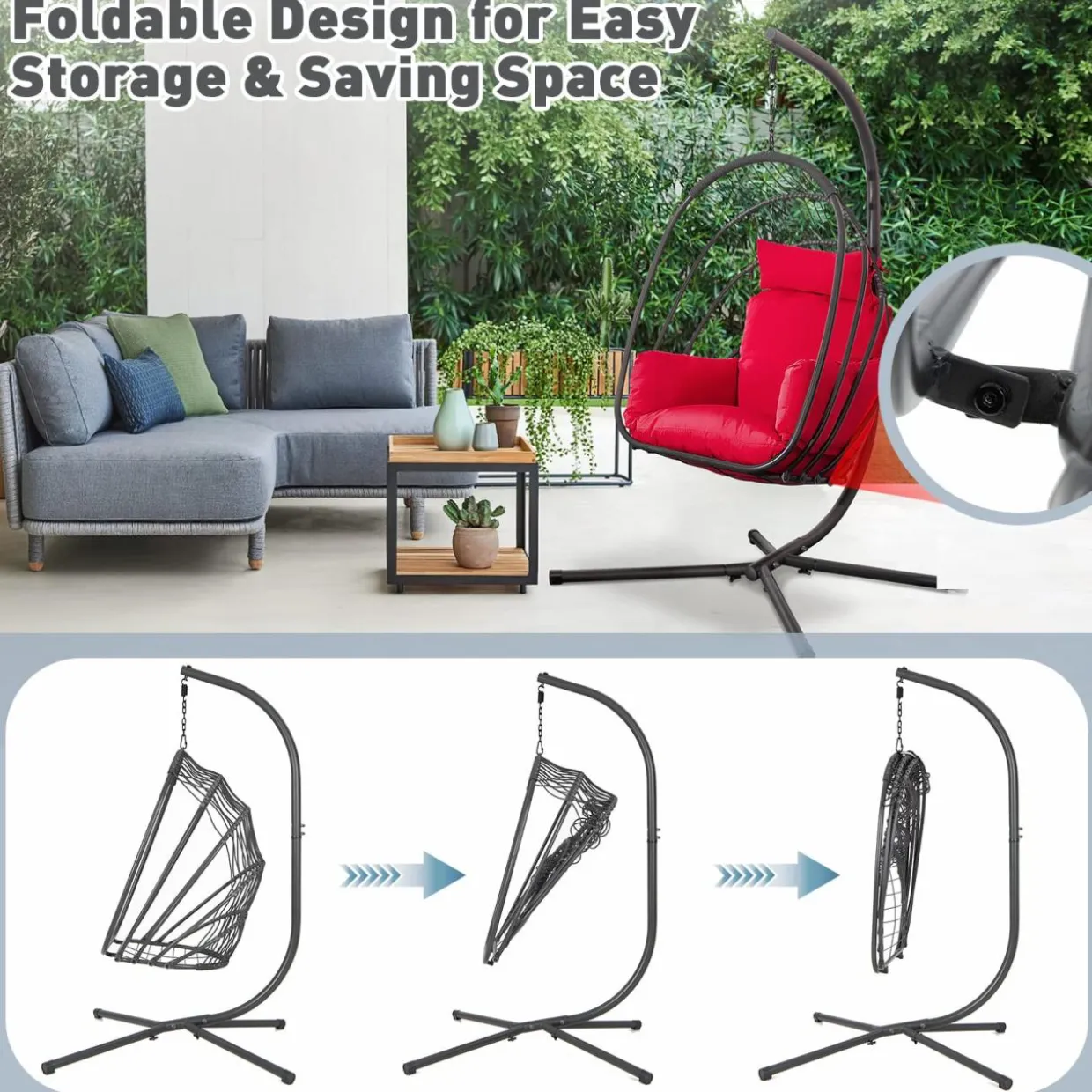 Tangkula Patio Egg Chair with Stand, Hanging Egg Swing Chair with Removable Pillow & Cushion