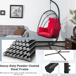 Tangkula Patio Egg Chair with Stand, Hanging Egg Swing Chair with Removable Pillow & Cushion