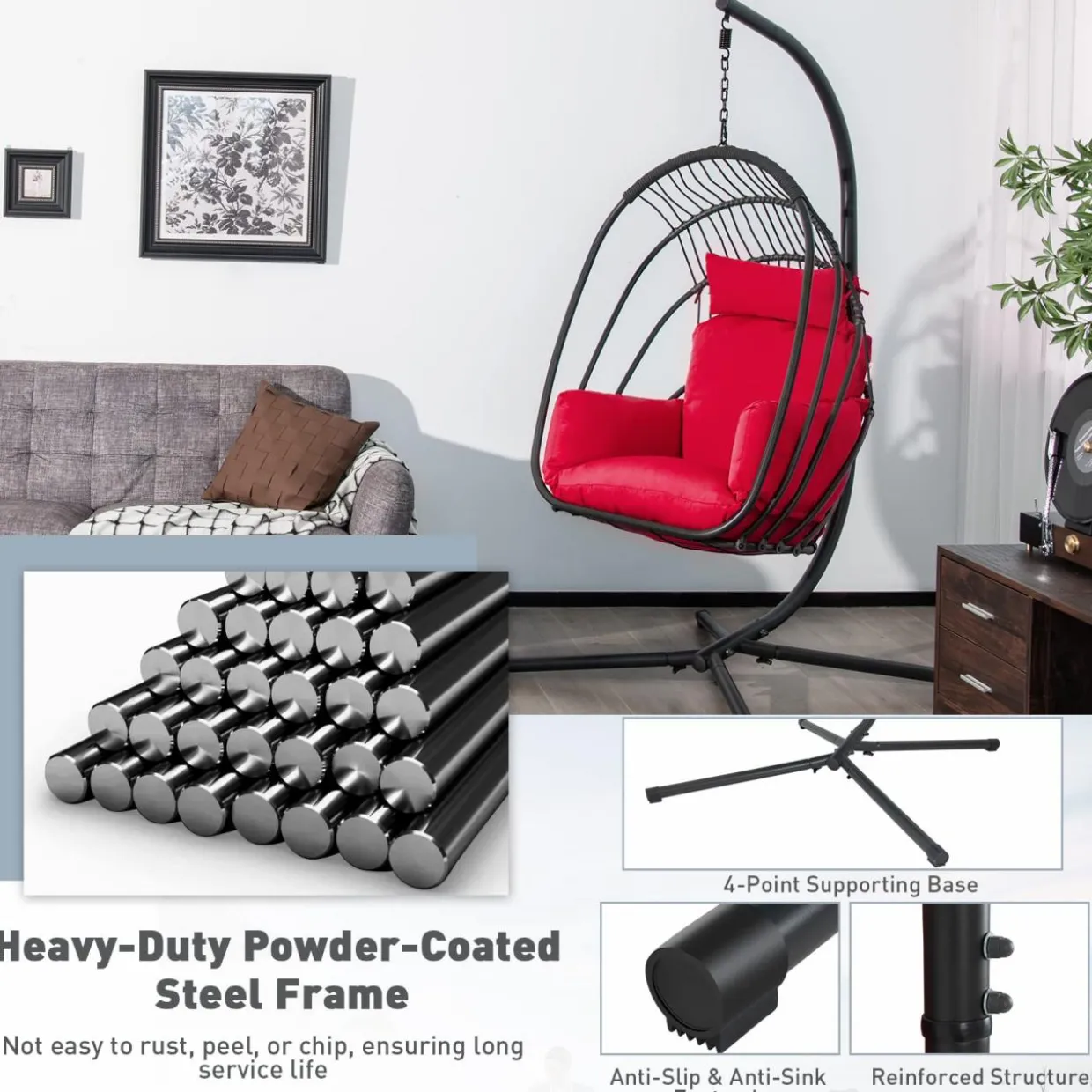 Tangkula Patio Egg Chair with Stand, Hanging Egg Swing Chair with Removable Pillow & Cushion