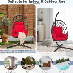 Tangkula Patio Egg Chair with Stand, Hanging Egg Swing Chair with Removable Pillow & Cushion