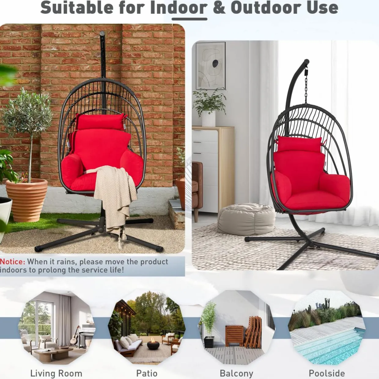 Tangkula Patio Egg Chair with Stand, Hanging Egg Swing Chair with Removable Pillow & Cushion