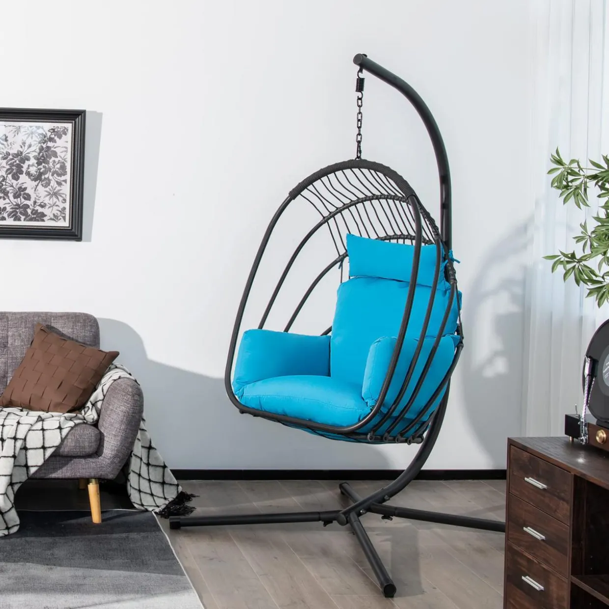Tangkula Patio Egg Chair with Stand, Hanging Egg Swing Chair with Removable Pillow & Cushion