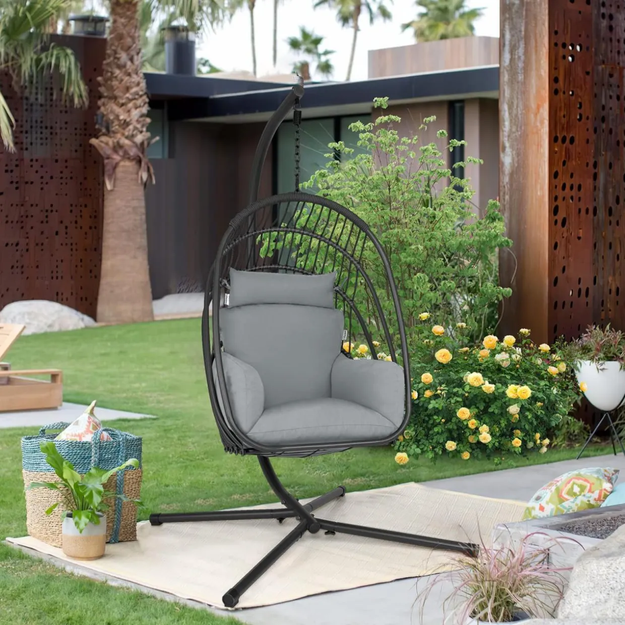 Tangkula Patio Egg Chair with Stand, Hanging Egg Swing Chair with Removable Pillow & Cushion