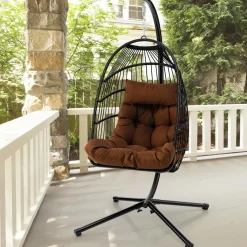 Tangkula Patio Egg Chair with Stand, Hanging Egg Swing Chair with Waterproof Cover, Removable Pillow