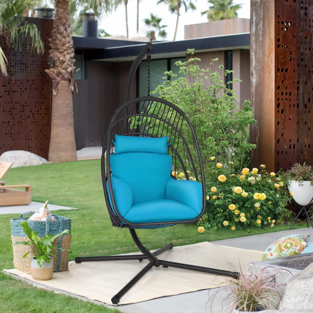 Tangkula Patio Egg Chair with Stand, Hanging Egg Swing Chair with Removable Pillow & Cushion