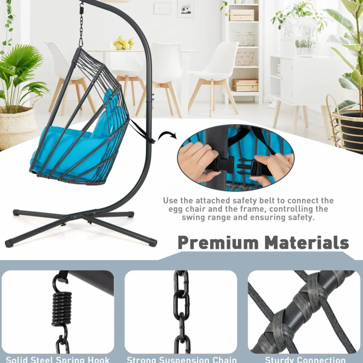 Tangkula Patio Egg Chair with Stand, Hanging Egg Swing Chair with Removable Pillow & Cushion
