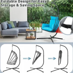 Tangkula Patio Egg Chair with Stand, Hanging Egg Swing Chair with Removable Pillow & Cushion