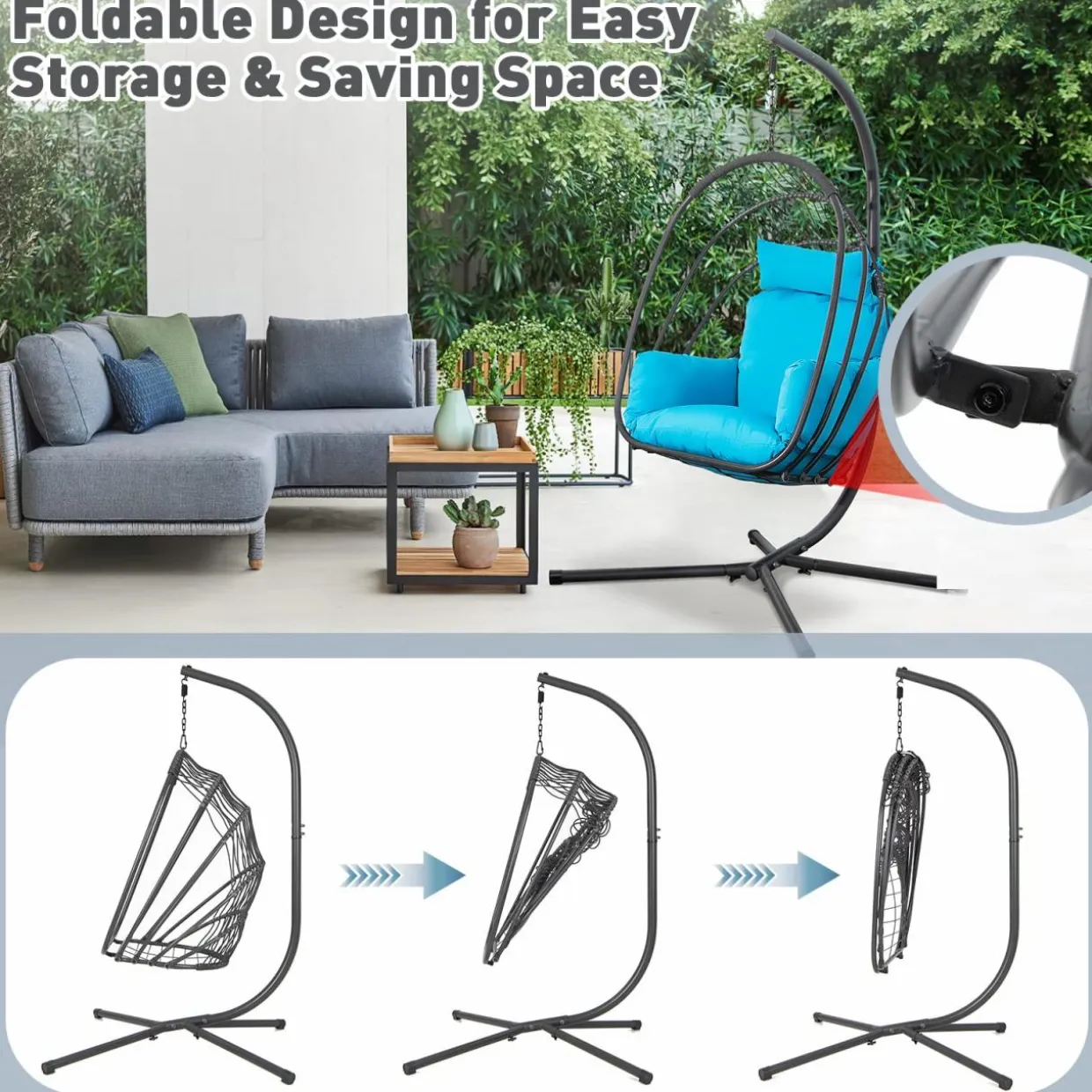 Tangkula Patio Egg Chair with Stand, Hanging Egg Swing Chair with Removable Pillow & Cushion