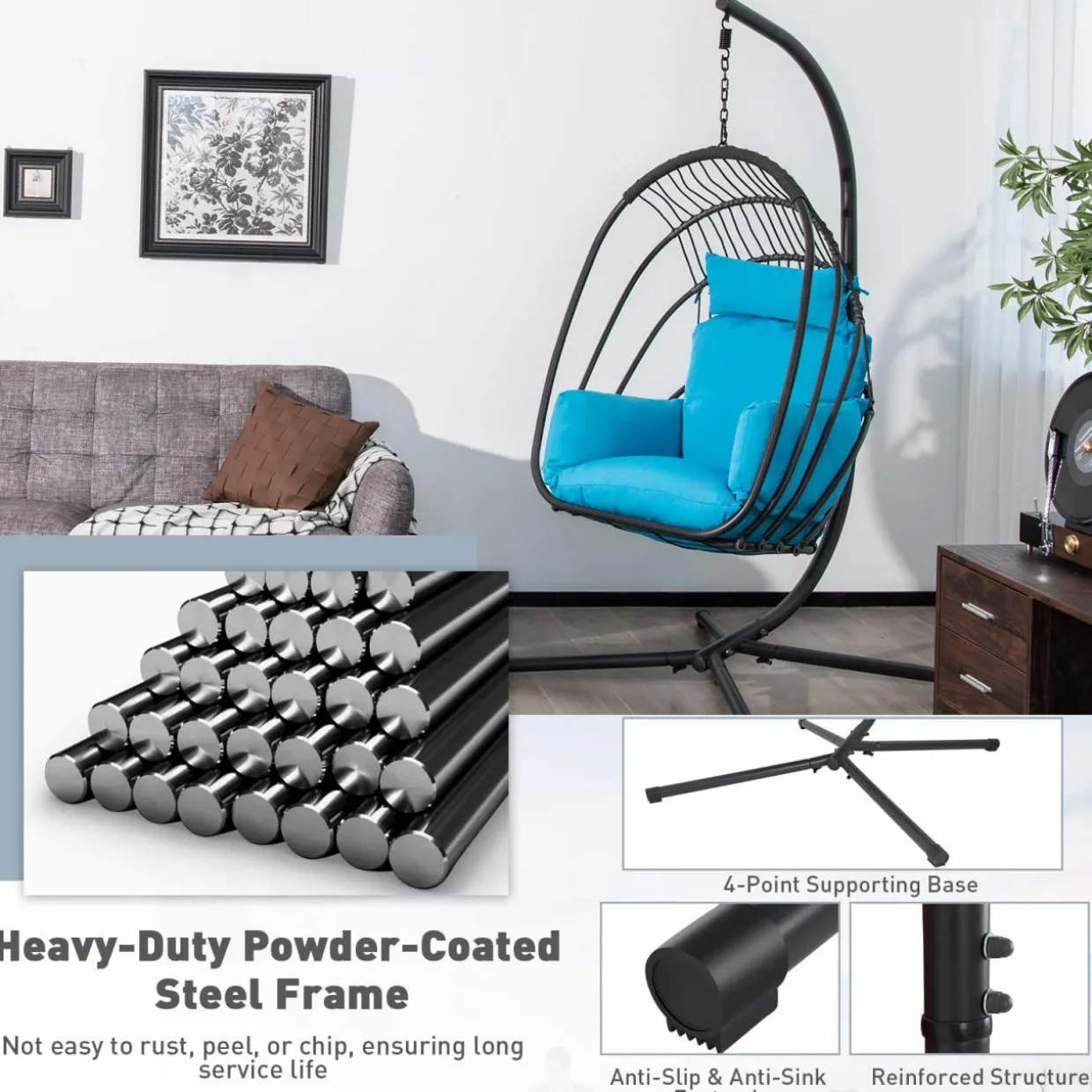 Tangkula Patio Egg Chair with Stand, Hanging Egg Swing Chair with Removable Pillow & Cushion